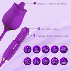 Purple Rose Toy Rotating Pearls Telescopic Tongue-licking Vibrator