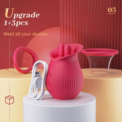Rose Romeo - 3in1 Rose Sex Toy with 2 Suction Cups, Adult Toys Female Clitoral Nipple Vibrators with 10 Licking Sucking Vibrating
