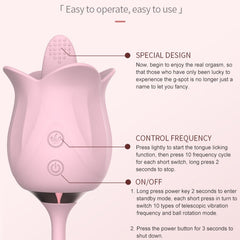 3-in-1 Blooming Sexy Pink Rose Toy Rotating Pearls Telescopic Tongue-licking Vibrator